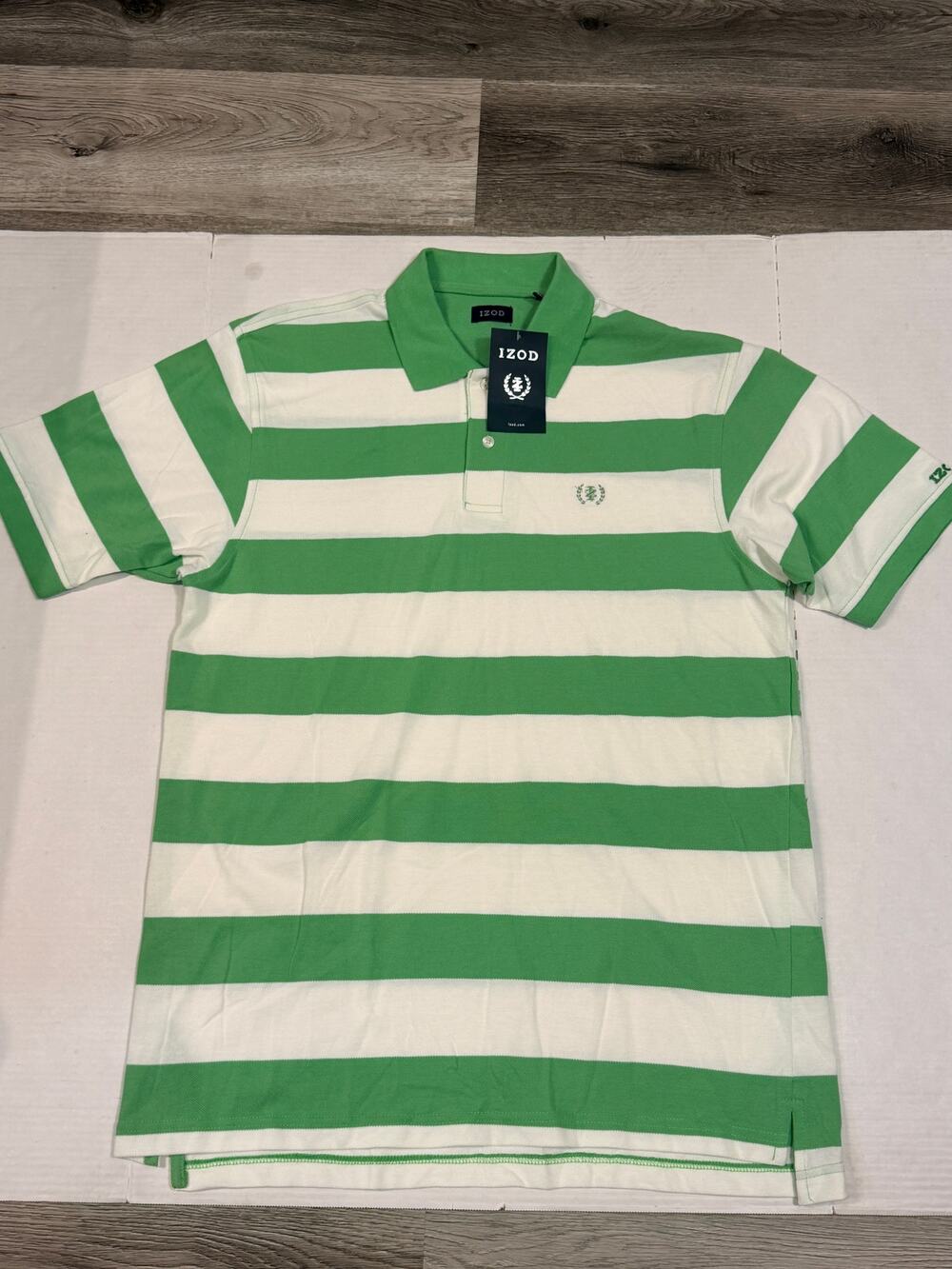 IZOD Mens L Polo Shirt Green White Stripe Embroidered Logo NWT Golf Preppy